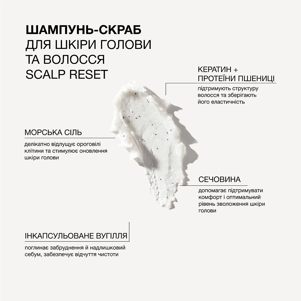 Шампунь-скраб для шкіри голови та волосся з морською сіллю та інкапсульованим вугіллям Triology.